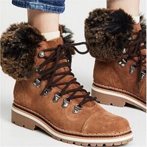 Sam Edelman Bowen Faux Fur Suede Combat Boot Lace Up Hiking Ankle Booties, Brown